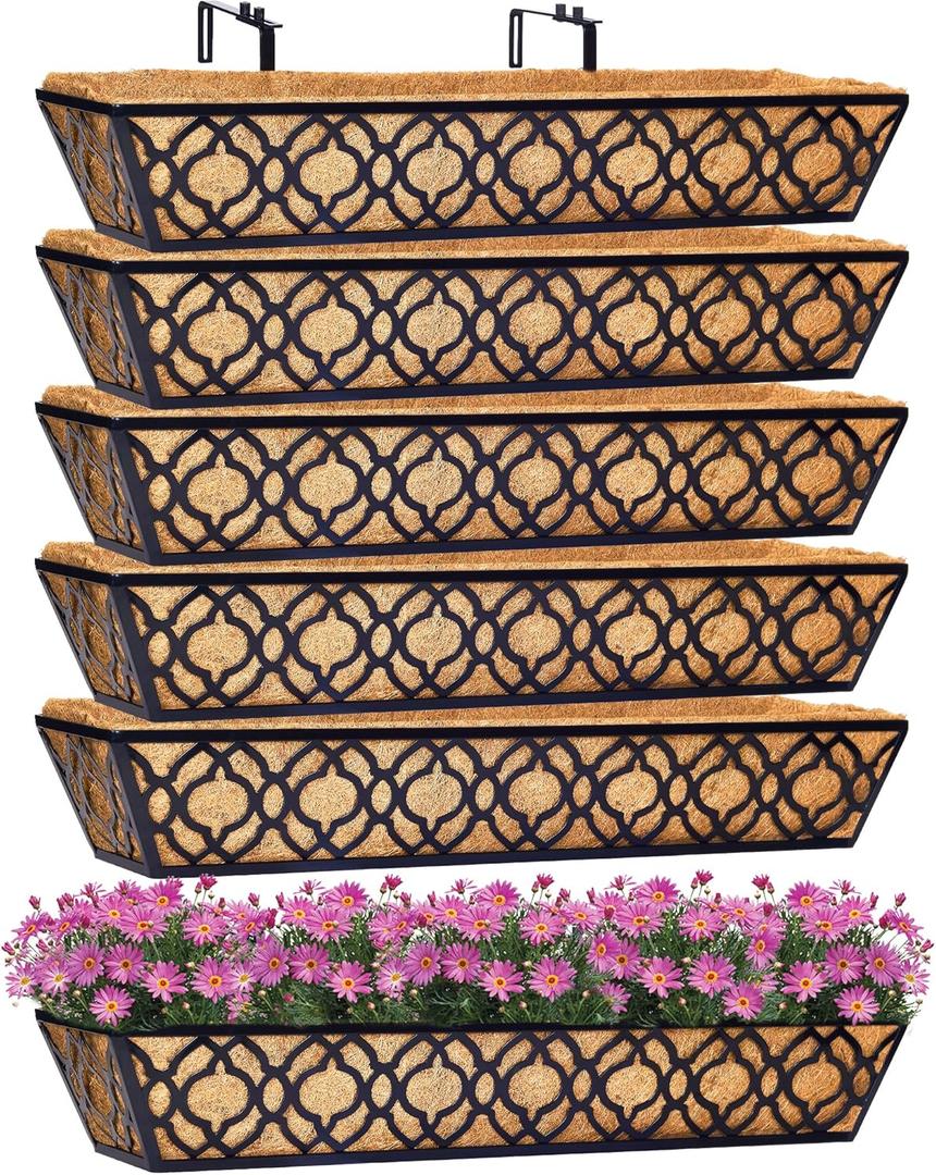 6pcs 30 Inch Window Deck with Coco Liner, 30" Window Boxes Horse Trough with Coconut Coir Liner, Metal Hanging Flower Planter Window Basket Deck Railing Planter Boxes for Outdoor Indoor Lawn
