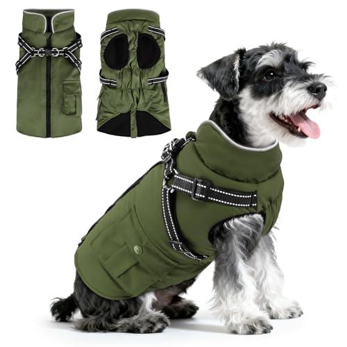Dog Winter Coat with Harness Built-in | Waterproof Dog Jacket with Zipper & Fleece Lining | Reflective Cold Weather Coat for Medium Dogs Green