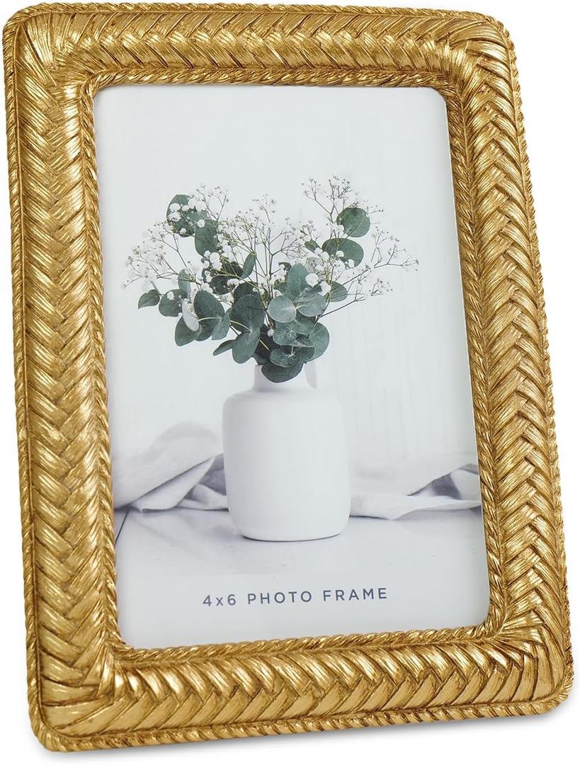 Cuspin Gold 4x6 Picture Frame, Ornate Decorative Rattan Resin Photo Frame, Gold Frames Braided Design for Tabletop Display or Wall Hanging, Elegant Home Decor