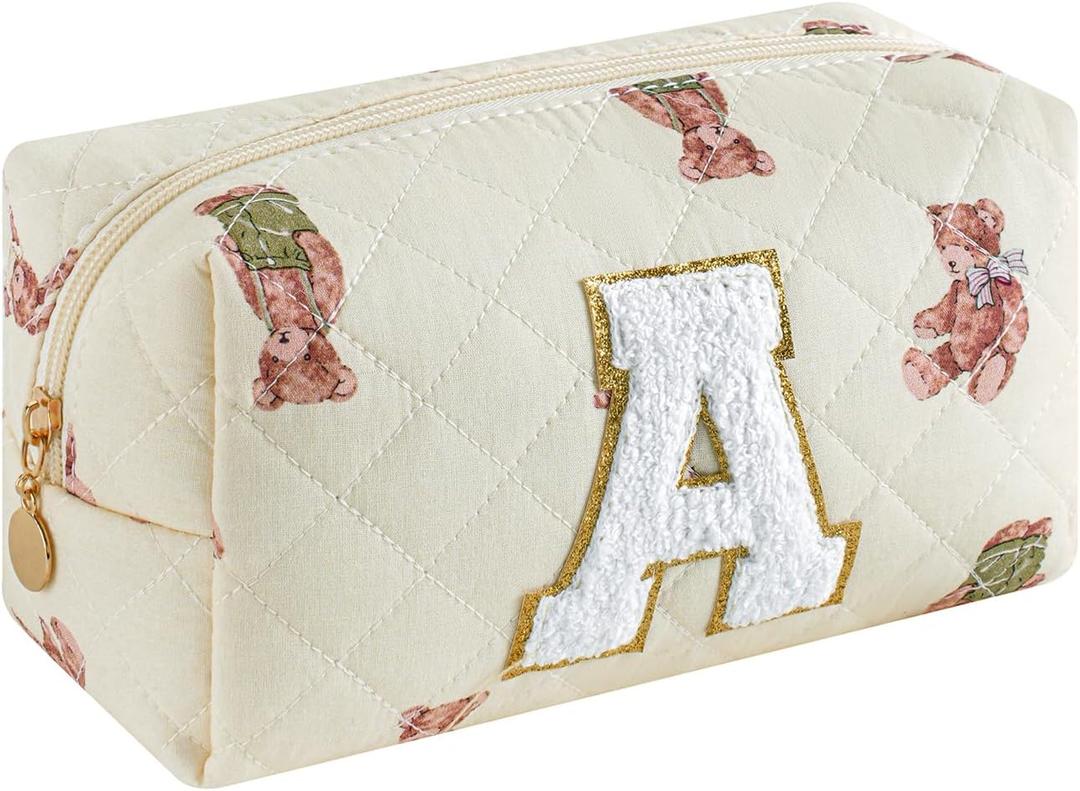 3 x Small Quilted Cotton Initial A-Z Makeup Bag, Personalized Aesthetic Chenille Letter Travel Cosmetic Pouch with Bear Pattern, Cute Preppy Toiletry Organizer Bag, Gift Ideal for Women Girls(Bear A)