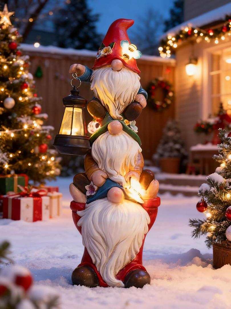 Christmas Garden Gnome Statue with Solar Lights Garden Sculptures Funny Triple Gnome Outdoor Patio Lawn Yard Balcony Home Decor Birthday Gifts for Women Mom Grandma 12 in Thanksgiving Gnome (Multicolor)