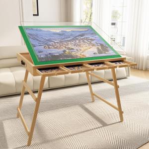 3-in-1 Folding & Tilting & High Puzzle Board with 4 Drawers, 1500 Pieces 27.7" H Tall Puzzle Table with Protective Cover for Adults- 34" x 26" Wooden Puzzle Table with Legs