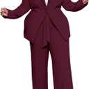 IyMoo Plus Size Suits for Women Business Open Front Long Sleeve Blazer Elastic Waist Solid Straight Leg Pant Set Suits (3X-Large, Wine Red)
