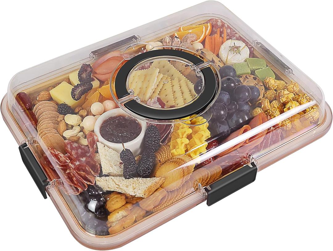 Renmxj Charcuterie Board with Clear Lid, Travel Portable Cheese Board Charcuterie Boxes Cutting Boards for Kitchen, House Warming Gifts New Home, Gifts for Women (1 Compartments Black)