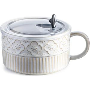 Gomakren Extra Large Soup Bowl with Handle, 39 Ounces Microwave Ramen Bowl, Ceramic Bowl with Lid, 6 Inch Soup Mug Cup for Cereal, Ramen, Instant Noodle, Beige White