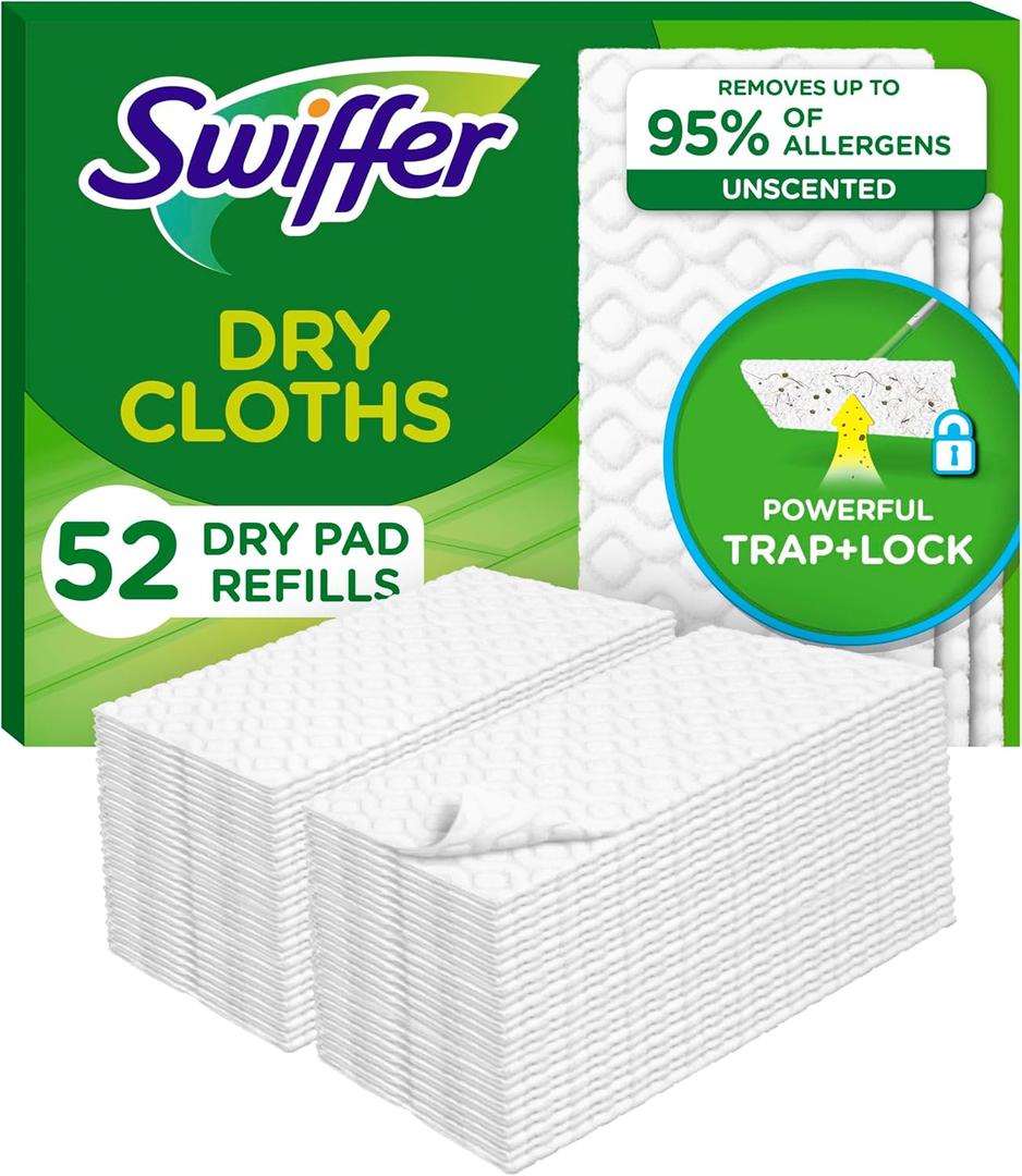 Swiffer Sweep + Mop, Dry Pads Refill, Floor Cleaner for Dirt, Dust, Hair, Cleaning Cloths for Mopping Home, Bathroom, Kitchen, Dust Mop, Floor Duster, Unscented, 52ct (52 Count (Pack of 1))