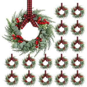 24 Pcs 8" Mini Christmas Wreaths for Kitchen Cabinet Small Christmas Candle Rings Wreaths, Front Door Pillars/Home Table Centerpieces Hanging Garlands, for Windows/Wedding Decor (No Red Ribbon)