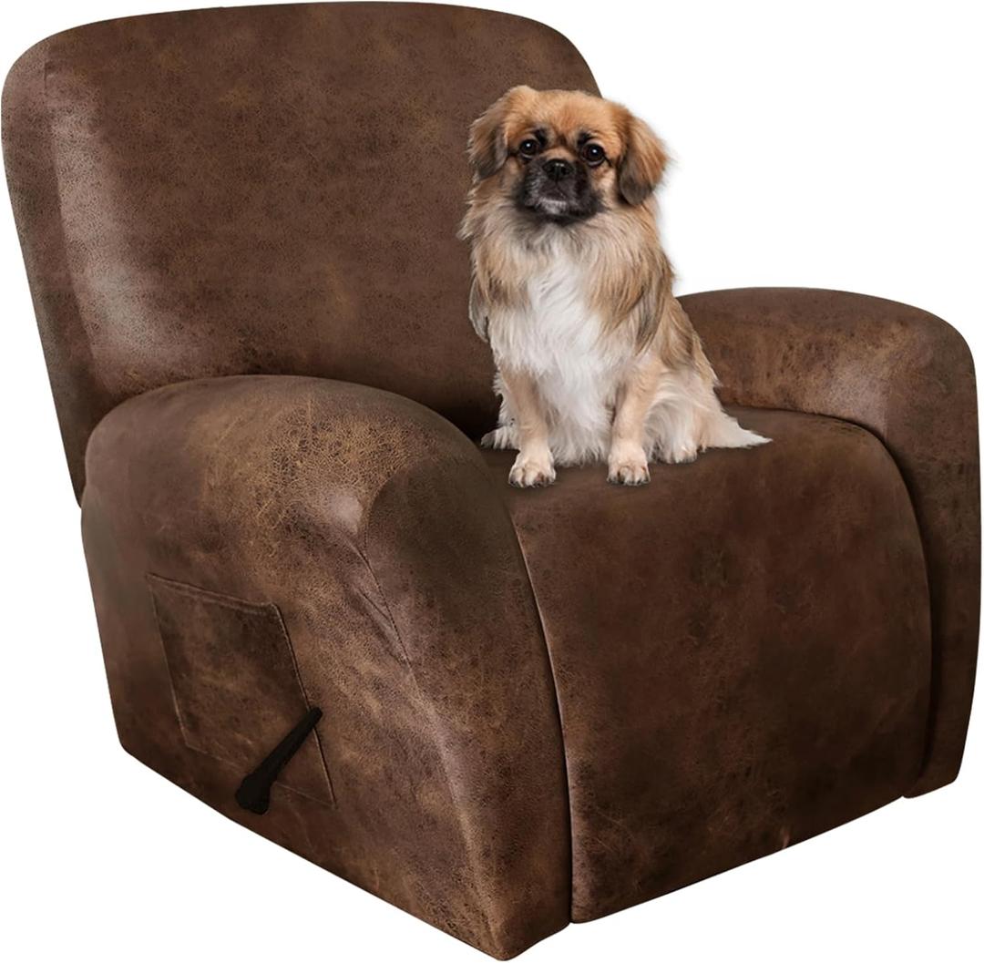 Leather Look Recliner Chair Covers Stay in Place 4-Piece Lazy Boy Recliner Slipcovers for Reclining Chair Furniture Protector Spandex Fabric Washable (Large, Dark Brown) (1 Seater)