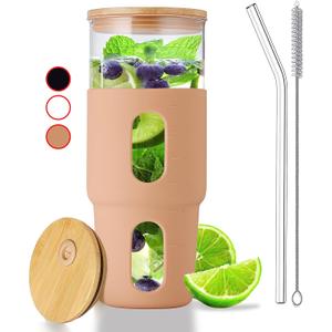 32oz Drinking Glass Tumbler with Bamboo Lid and Straw - Silicone Sleeve - Fits Car Cup Holder - Reusable Boba Smoothie Cup, Spill Proof Travel Water Bottle, Iced Coffee Tumbler, BPA Free - Amber