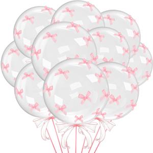 Gejoy 10 Sets 20in Pink Bobo Balloons with Bows Coquette Birthday Party Decorations with Bows Ribbon Clear Bobo Balloons for Wedding Bachelorette Coquette Party Engagement Bridal Baby Shower Decor