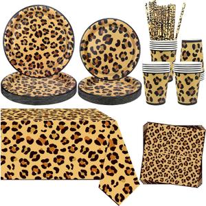 Cheetah Birthday Party Decoration, Leopard Print Party Supplies Include Plates Tablecloth Napkins Tableware for Jungle Safari Print Party Baby Shower Serves 20