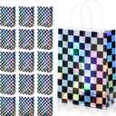 16Pcs Iridescent Checkered Race Car Party Favor Bags, Black and Iridescent Car Goodie Bags with Handles, Laser Plaid Kraft Paper Candy Gift Treat Bags for Kids Fast Race Car Birthday Party Decorations