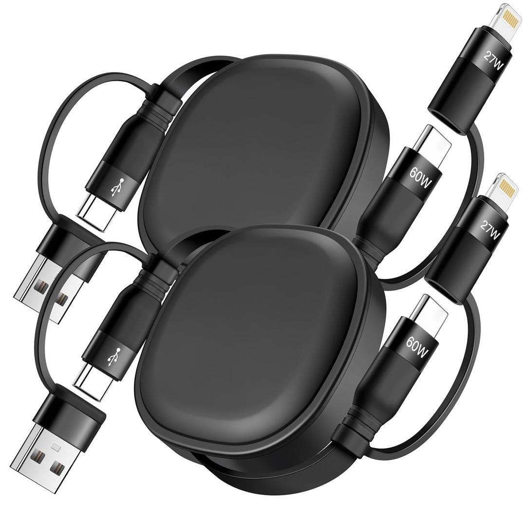 Multi Charging Cable, 2Pack 5 in 1 Retractable Lightning Charger Cable 60W USB C to USB C Fast Charging, Multiple USBC Cord Multi Car Charger for iPhone 17/16/15/14 Pro Max, iPad, Samsung S25 S24,Tablets