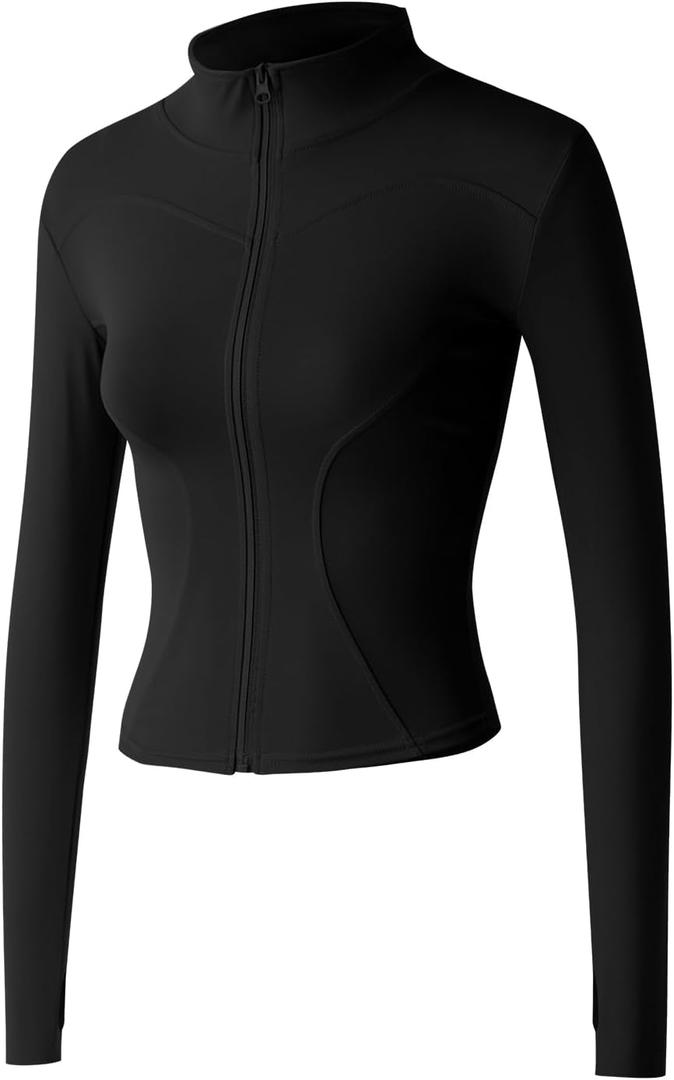 Gacaky Women's Slim Fit Lightweight Athletic Full Zip Stretchy Workout Running Track Jacket with Thumb Holes (Medium, Black)