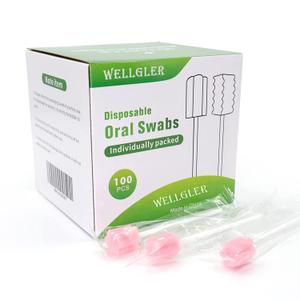 Wellgler's Disposable Oral Care Swabs, Sterile Sponge Mouth Swabs (100pcs, Pink)