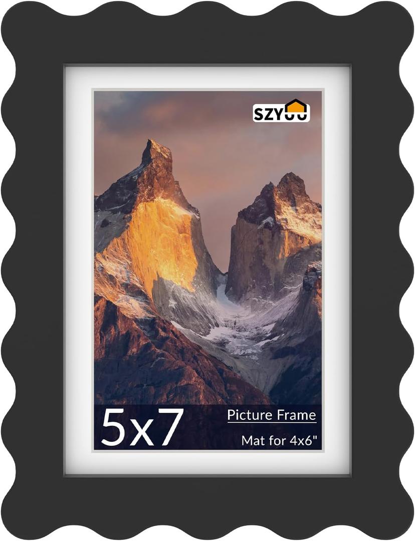 5x7 Wavy Picture Frame with Mat for 4x6, Real Glass and Wooden​ Frame - Tabletop or Wall Hanging Photo Frame(1 Pack, Black)