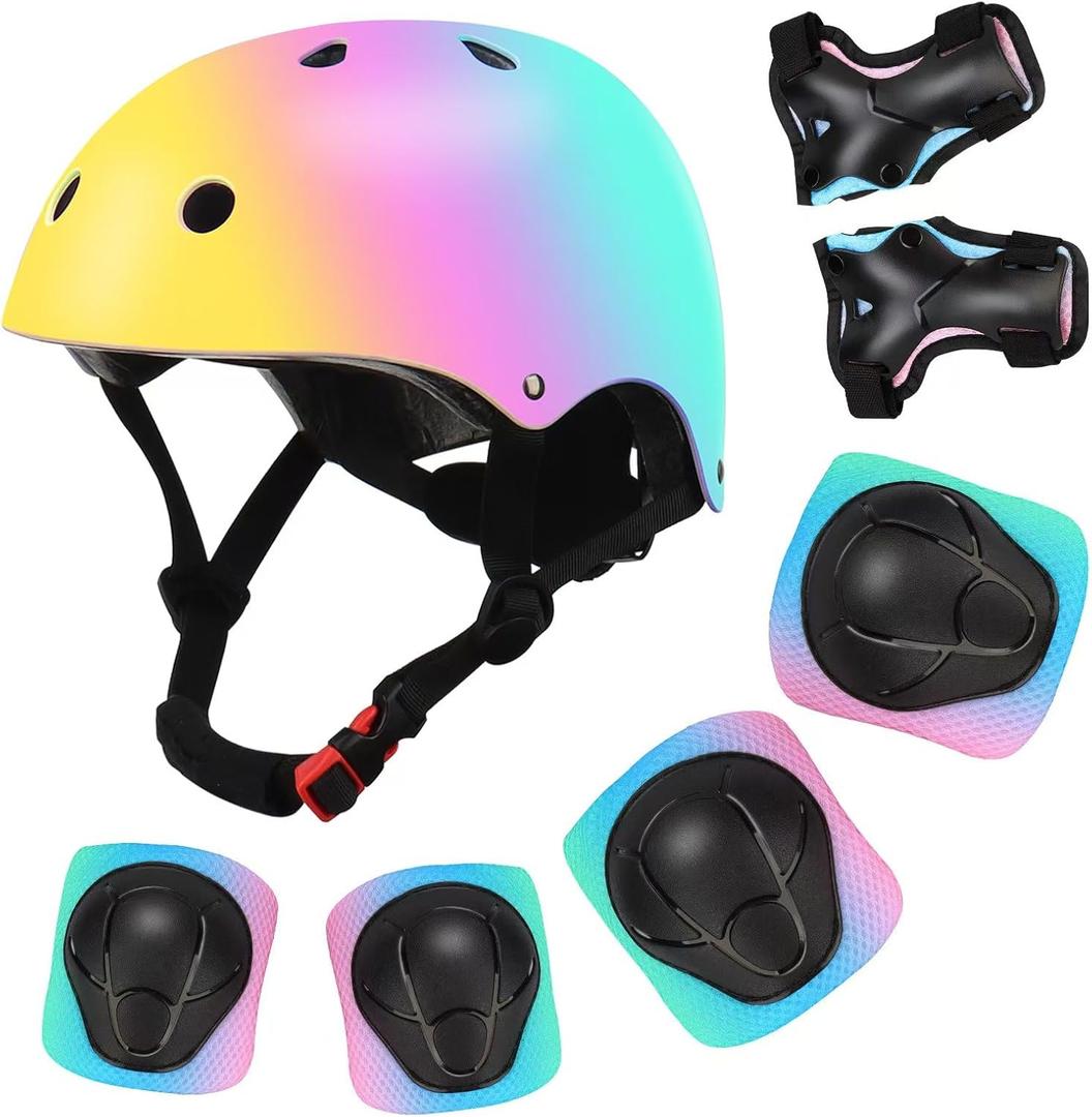 Color Gradient Adjustable Kids Bike Helmet with Knee & Elbow Pads Set | Multi-Sport Safety Gear for Boys & Girls Ages 8-14 | Skateboarding, Scooters, Roller & Inline Skating, Longboarding, Size Medium