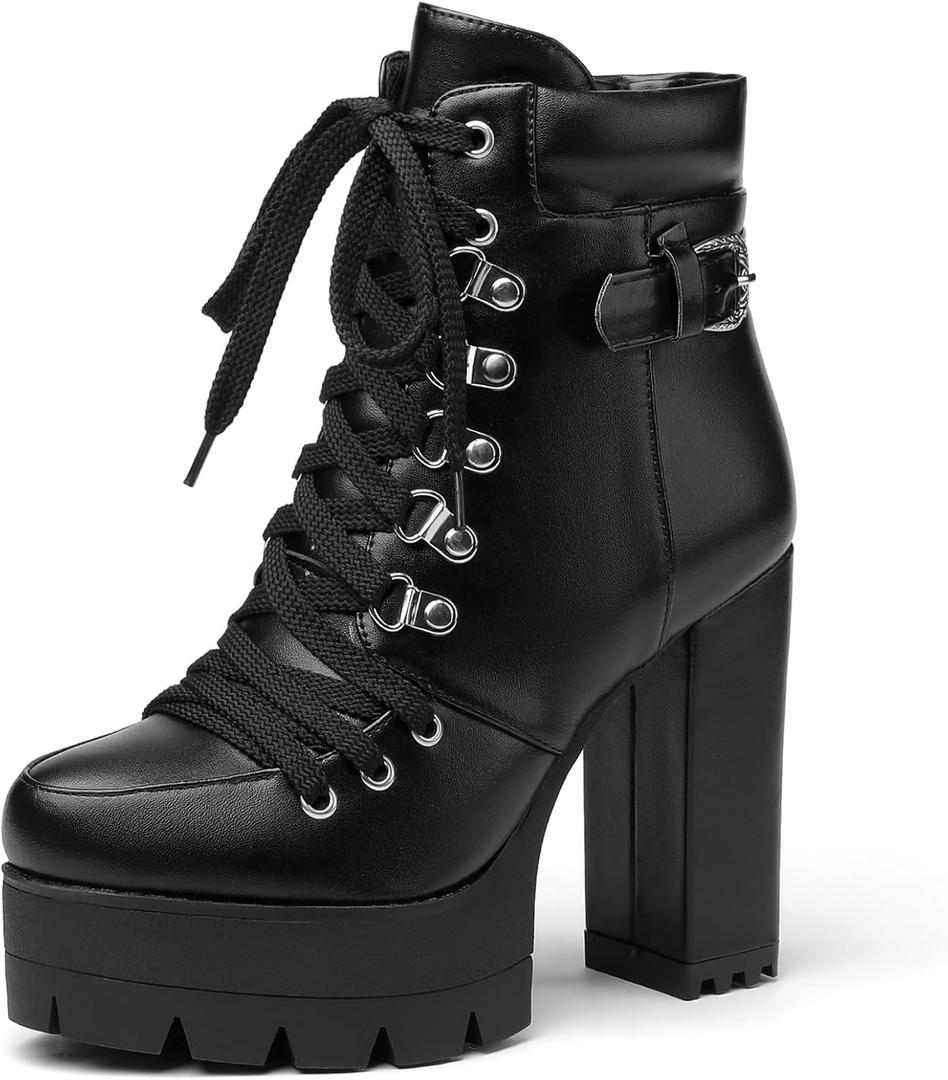 Susanny Sexy High Heels for Women Boots Round Toe Platform Booties Lace Up Suede Side Zipper Ankle Bootie, 9