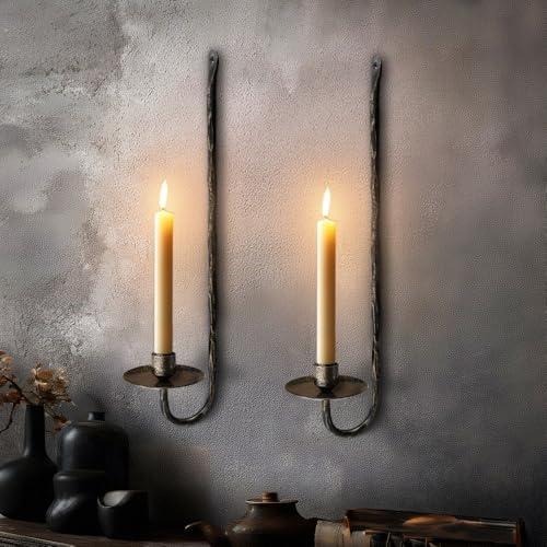 BeginS Hand-Forged Wall Candle Sconces Set of 2, Bronze Vintage Solid Steel Metal Wall Candle Holders, Rustic Home Decor for Living Room, Bedroom, Dining Room, Candle Accent