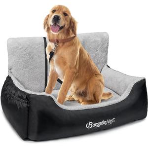 BurgeonNest Dog Car Seat for Medium/Large Dogs Under 55 lbs, Soft Pet Car Travel Home Bed, Fully Detachable and Washable Booster Carseats with Storage Pockets and ClipOn Leash Portable Carrier,Black