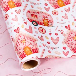 MAYPLUSS Valentines Day Wrapping Paper, Pink Heart Wrap Paper Love Car House Gift Wrapping Roll for Girl Anniversaries Romantic Celebration, 17IN X 16.5FT