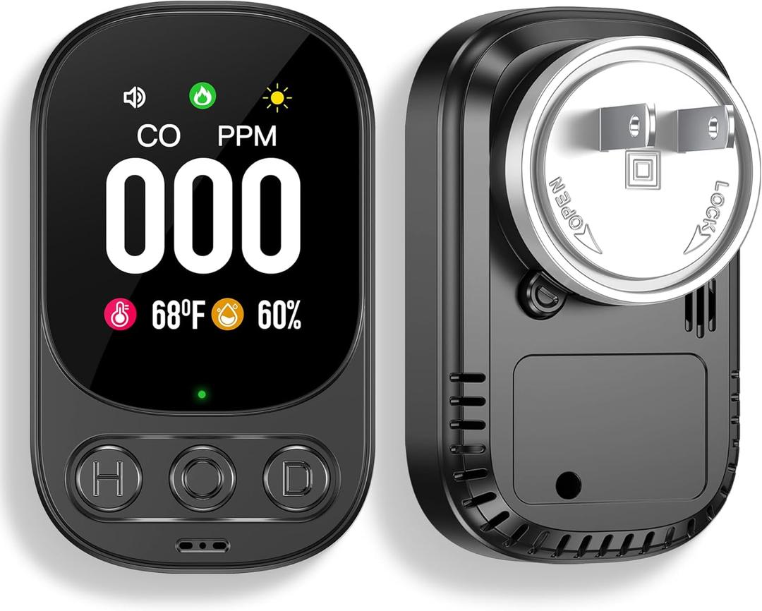 Carbon Monoxide Detectors Plug in, 3-in-1 CO Detector with Temp/Hum Sensor, Portable Travel Carbon Monoxide Alarm with 85dB Alarm, Real-Time CO Monitor Easy to Read & Install (Black-1 Pack)