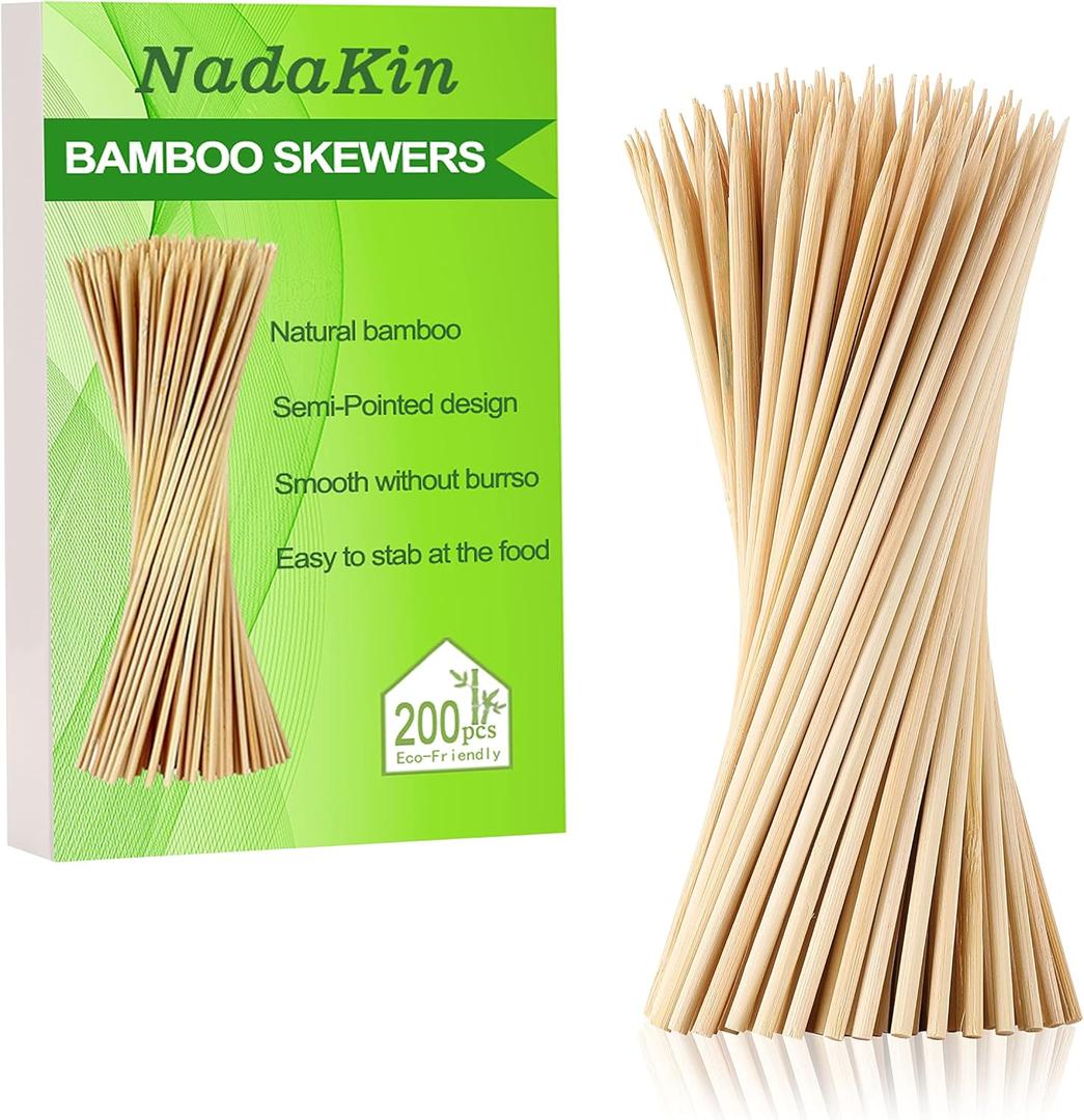 200 PCS Bamboo Skewers, 12 Inch Wooden Skewer for Appetizers, Fruit, Kebabs, Grilling Barbecue, Mini Burger, Sausage, Cocktail Picks for Drinks, Long Toothpicks, Food Sticks Natural, Kitchen Gadget