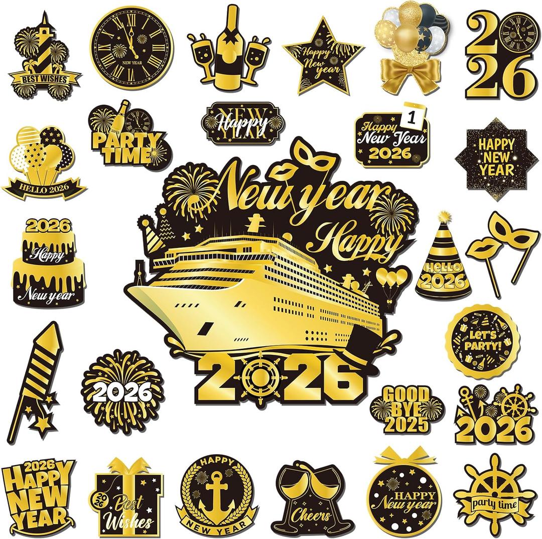 26PCS New Year Cruise Door Magnet Black Gold New Year Refrigerator Magnets Happy New Year 2026 Cruise Metal Door Decoration Fridge Garage Magnetic Stickers for Holiday Ship Carnival Cabin Party Decor