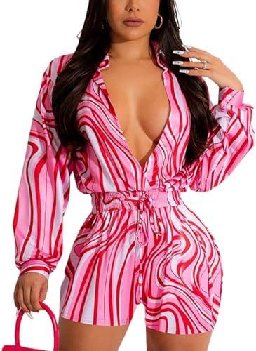 Glozeplus Women Sexy One Piece Deep V Neck Printed Shorts Jumpsuit Long Sleeve High Waist Elastic Romper Clubwear Outfits, S