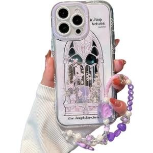 for iPhone 11 Case, [Light Purple Floral Window Pattern][Shiny Mirror Case][2-in-1 with Beaded Wrist Strap] Soft TPU Frame, Shockproof and Anti-Shock, Suitable for Women & Girls