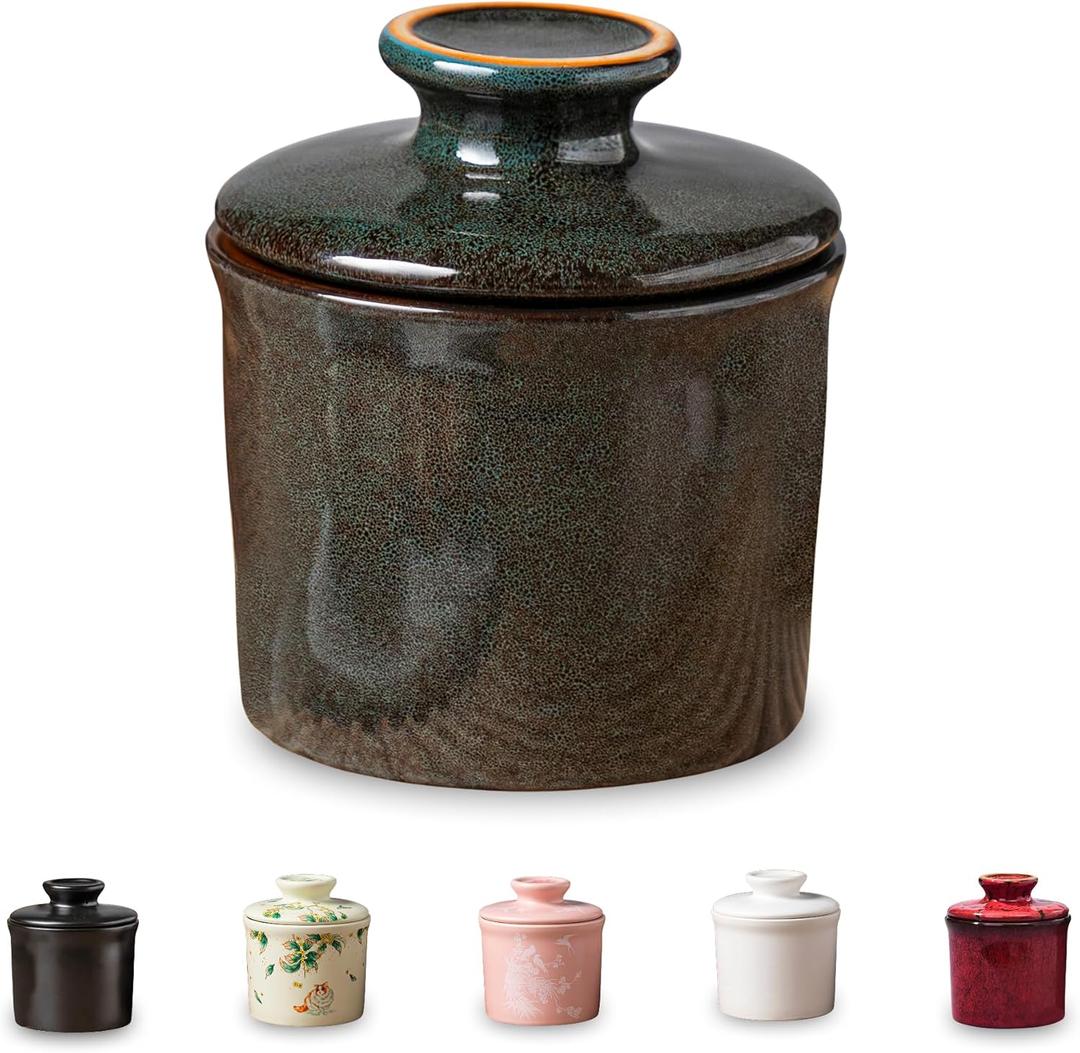 Porcelain Butter Keeper Crock - Ceramic Butter Dish with Water Line for Countertop, Keep Butter Fresh (Greenish Brown)