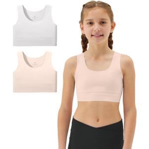Sascina Girls Soft Training Bras 7-12 Seamless First Bra Girls Sports Bras Longline Crop - No Pads, Chest Double Lined (Small, Nude+light Gray)