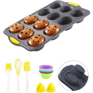 12-Cups Foldable Silicone Muffin Pan with Metal Reinforced Frame - Non-Stick Heat-Resistant Baking Mold for Muffins, Cupcakes, Mini Treats - Easy Storage Silicone Baking Pan, 7-Piece Baking Set