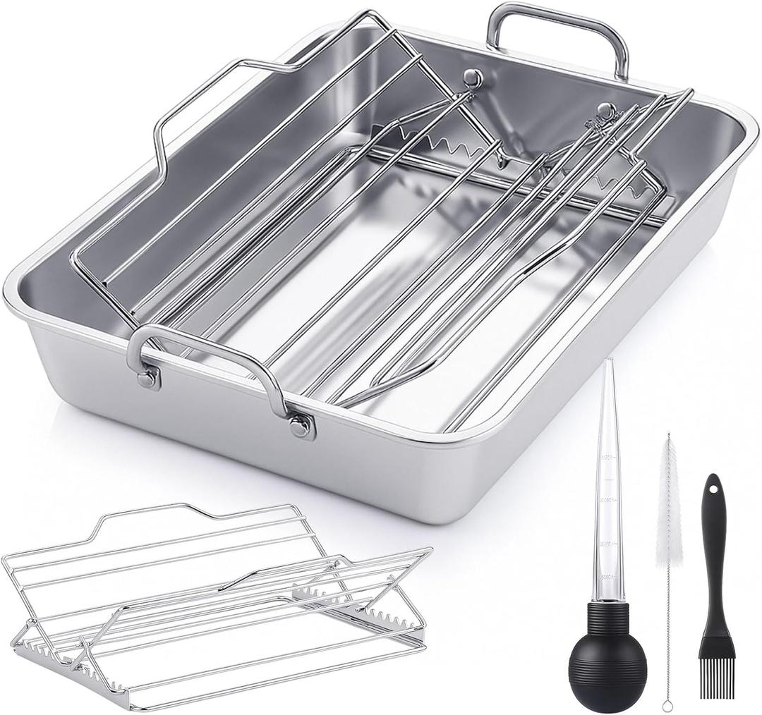 Baderke 5 Pcs Roasting Pan with Rack Set, 10 x 12 Inch Stainless Steel Roasting Pan Set Adjustable V Shaped Turkey Baking Rack for Grilling Dishwasher and Oven Safe