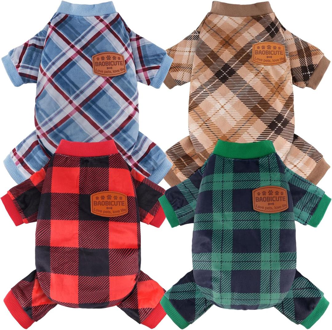 4 Pack Dog Pajamas Soft Lightweight Dog Recovery Suit Onesie Clothes for Small Medium Large Female Pet Boys Girls Dogs Cats, Red+Green+khaki+Plaid, L (Back: 11",Chest: 15.7", 8-12lbs)