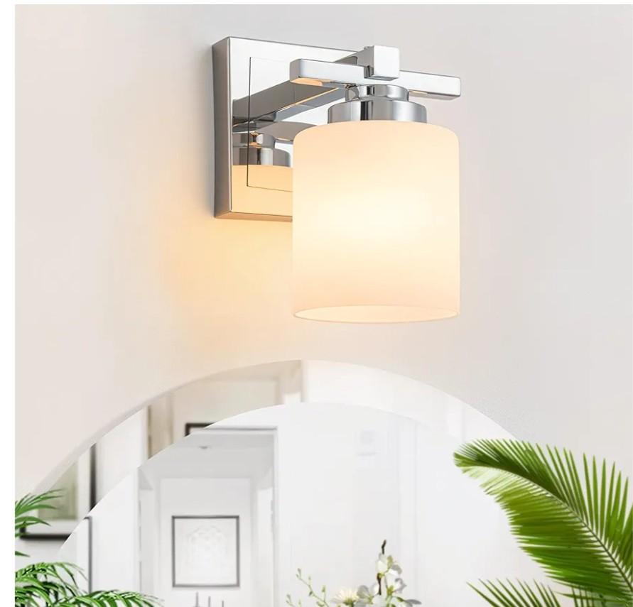 1 Light Modern Bathroom Light Fixtures Over Mirror, Chrome Vanity Lights for Bathroom Wall Sconces with Milky White Glass Shades, E26 Socket