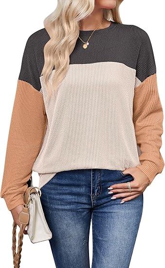 OBEEII Womens Long Sleeve Color Block Shirts 2024 Fall Casual Crewneck Lightweight Sweater Ribbed Knit Loose Pullover Top XXL