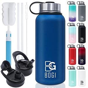 BOGI Insulated Water Bottle 32 oz, Double Wall Vacuum Stainless Steel Water Bottle with Straw and 3 Lids, Sweat-Proof Wide Mouth Metal Water Bottle Keeps Hot or Cold for Sports Gym Office (Dark Blue)