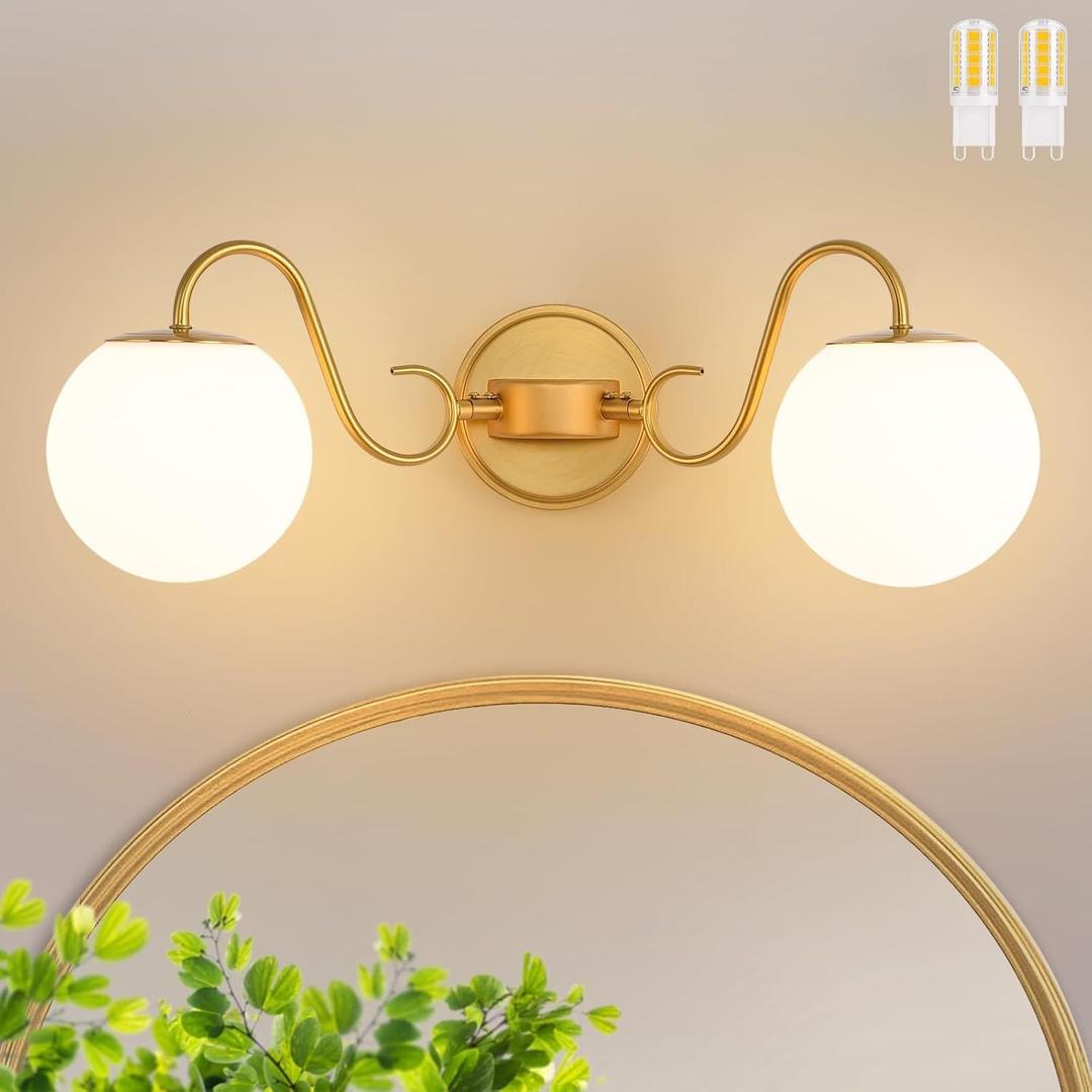 2 Lights Bathroom Vanity Light Fixtures Over Mirror, Brushed Gold Vintage Vanity Lights For Bathroom With Milk White Glass Globe Shade, Wall Lights For Bedroom, Hallway, Dressing Table,Includ G9 Bulbs