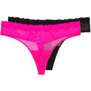 Smart & Sexy Women's Lace Trim Thong Panty, 2-Pack, Electric Pink/ Black Hue, 7