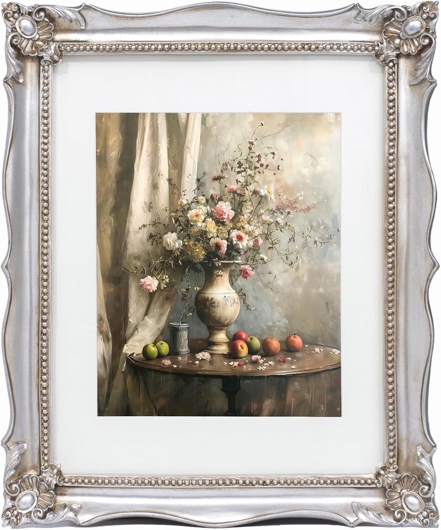 Saysmile 11x14 Vintage Picture Frame with Embossed Flower Design, Silver Ornate Frame for 11x14 or 8x10 Pictures with White Mat, Hand-Crafted Resin Antique Baroque Frames with Hook for Wall Mounting Display(Silver)