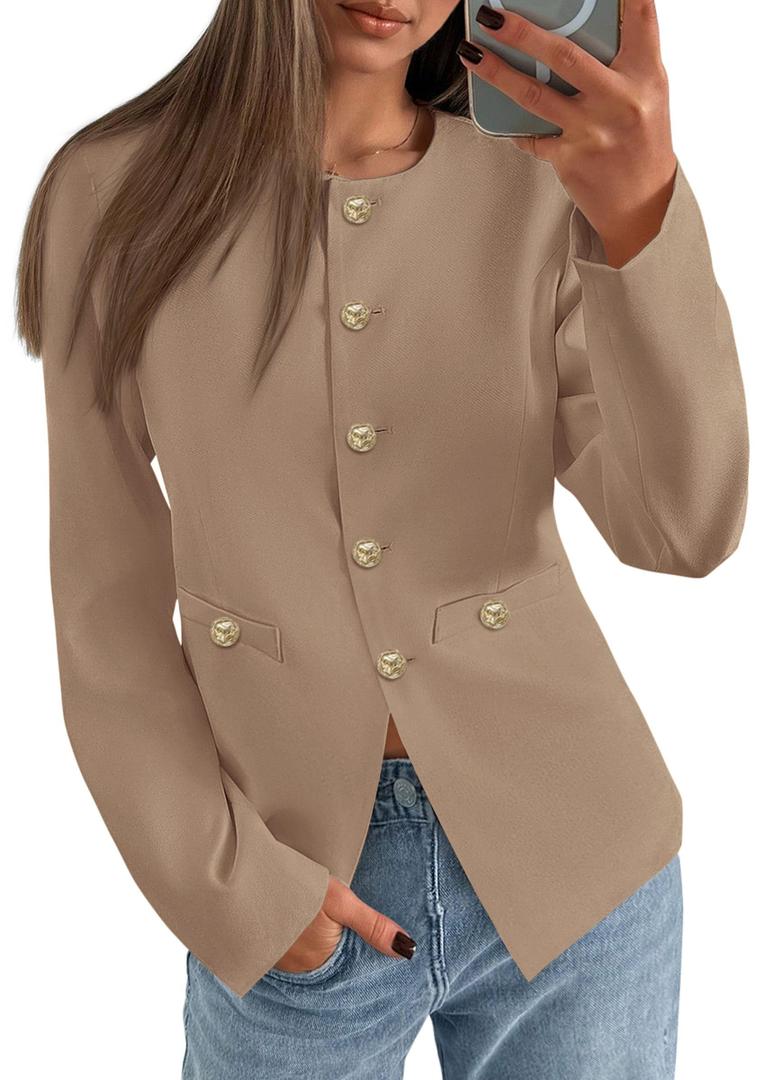 PRETTYGARDEN Women's 2026 Fall Blazers Button Down Fitted Lightweight Dressy Work Suit Jackets Trendy Business Casual Outfits (Khaki,Small) (Beige, S)