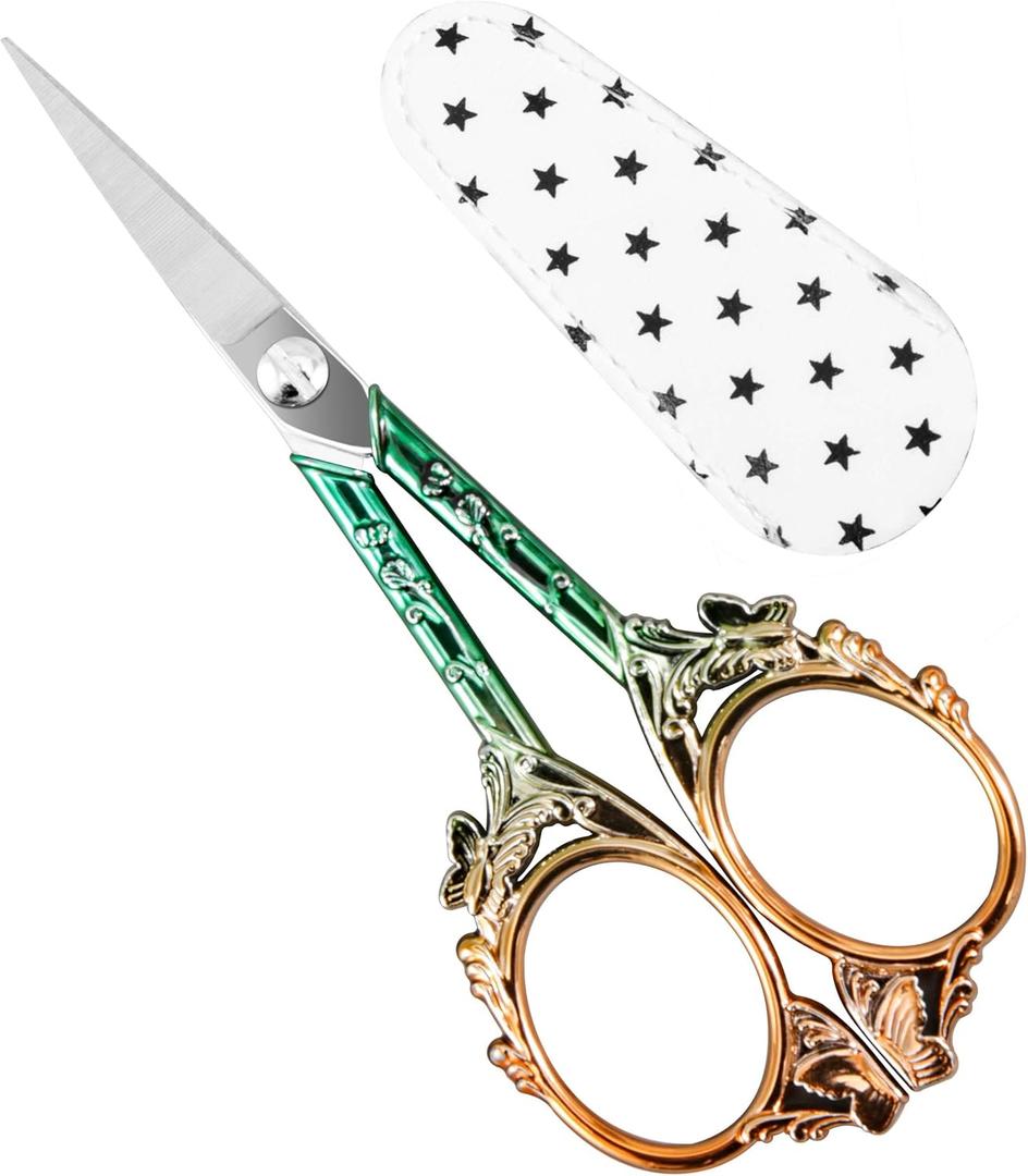 4 x Premium Small Craft Scissors with Beautiful Butterfly Decos - Comfortable Handles and Sharp Tips for Crochet, Embroidery, and Sewing - Includes Protective Cover (Green Rose Gold)