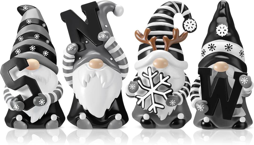 ShinyRelief 4 Pcs Winter Figurines Resin Gnome Tabletop Snowflake Antlers Sculpture Decoration Winter Black White Centerpiece for Home Dining Room Party Supplies Gifts Decor