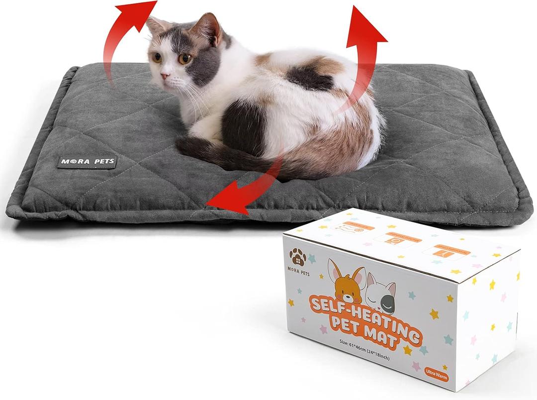Mora Pets Self Heating Cat Bed Self Warming Cat Pad Thick Thermal Pet Bed Mat 24 x 18 Inches with Removable Cover Machine Washable Ultra Warm Mat for Outdoor Indoor Cats and Small Dogs (Suede Grey)