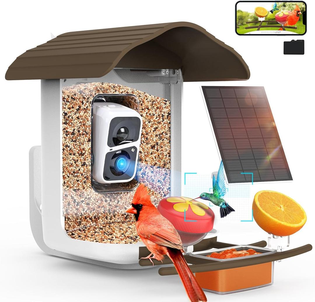 birdsnap PAV-Bird Feeder with Camera,2K HD with 64GB Card, AI Identify Smart Bird House Cam Solar Panel,Live Stream,Motion Detection,Auto Record Video for Backyard Outdoors,Ideal Gift for Bird Lover (Dark Brown)