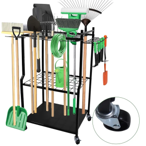zaygyize Garden Tool Organizer, Yard Organizer for Garage Organizer with Wheels, Up to 48 Long-Handled Tools/Rakes/Brooms, Heavy Duty Steel Garden Tool Stand for Shed, Outdoor, Black