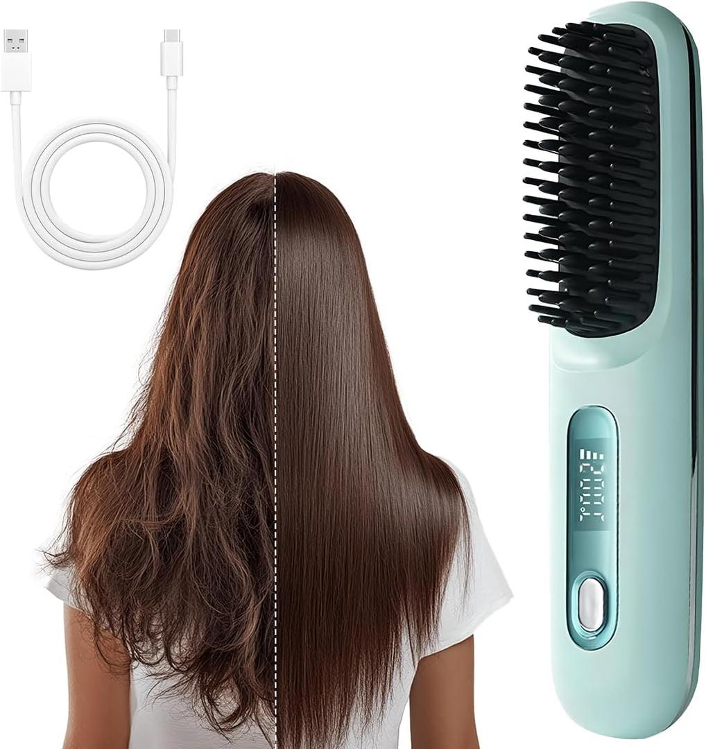Cordless Hair Straightener Brush,Portable Hair Straighteners for Women,Travel Hair Straightener Comb,USB Rechargeable Ceramic Hot Comb,3 Temps,Fast Heating and Styling (Blue)