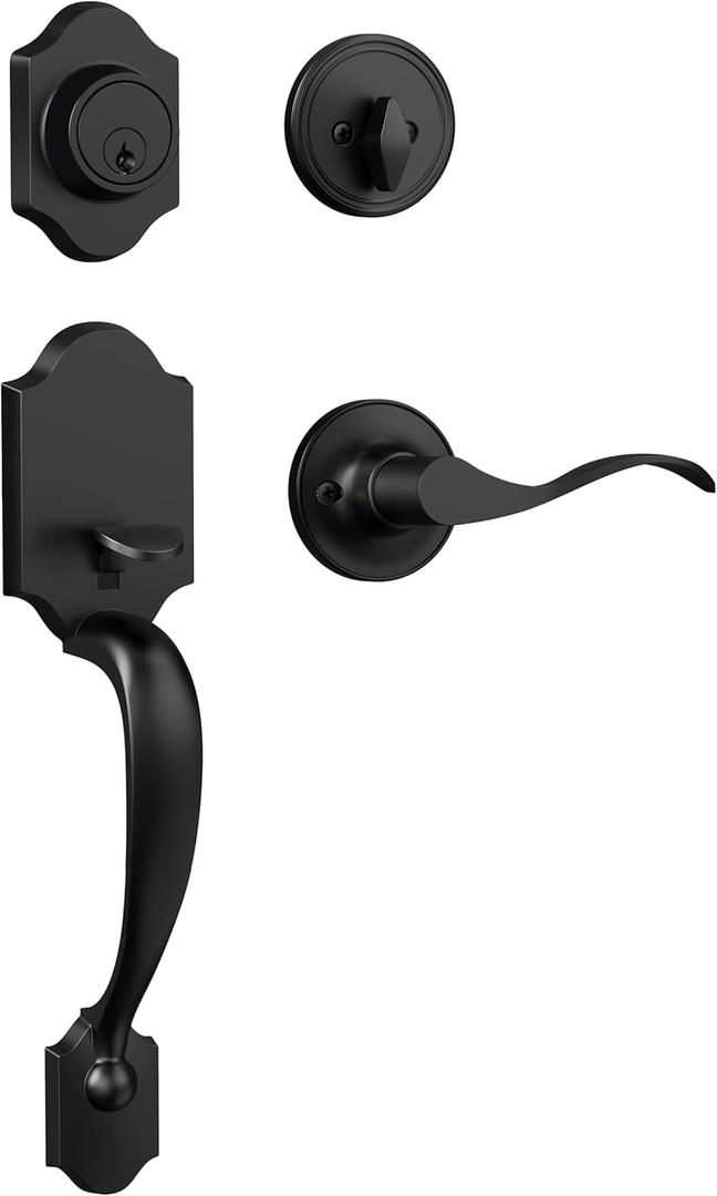 Matte Black Front Door Handle and Deadbolt Set, Single Cylinder Front Door Lock Set with Reversible Handle, Exterior Door Handle with Deadbolt Lock and Keyed