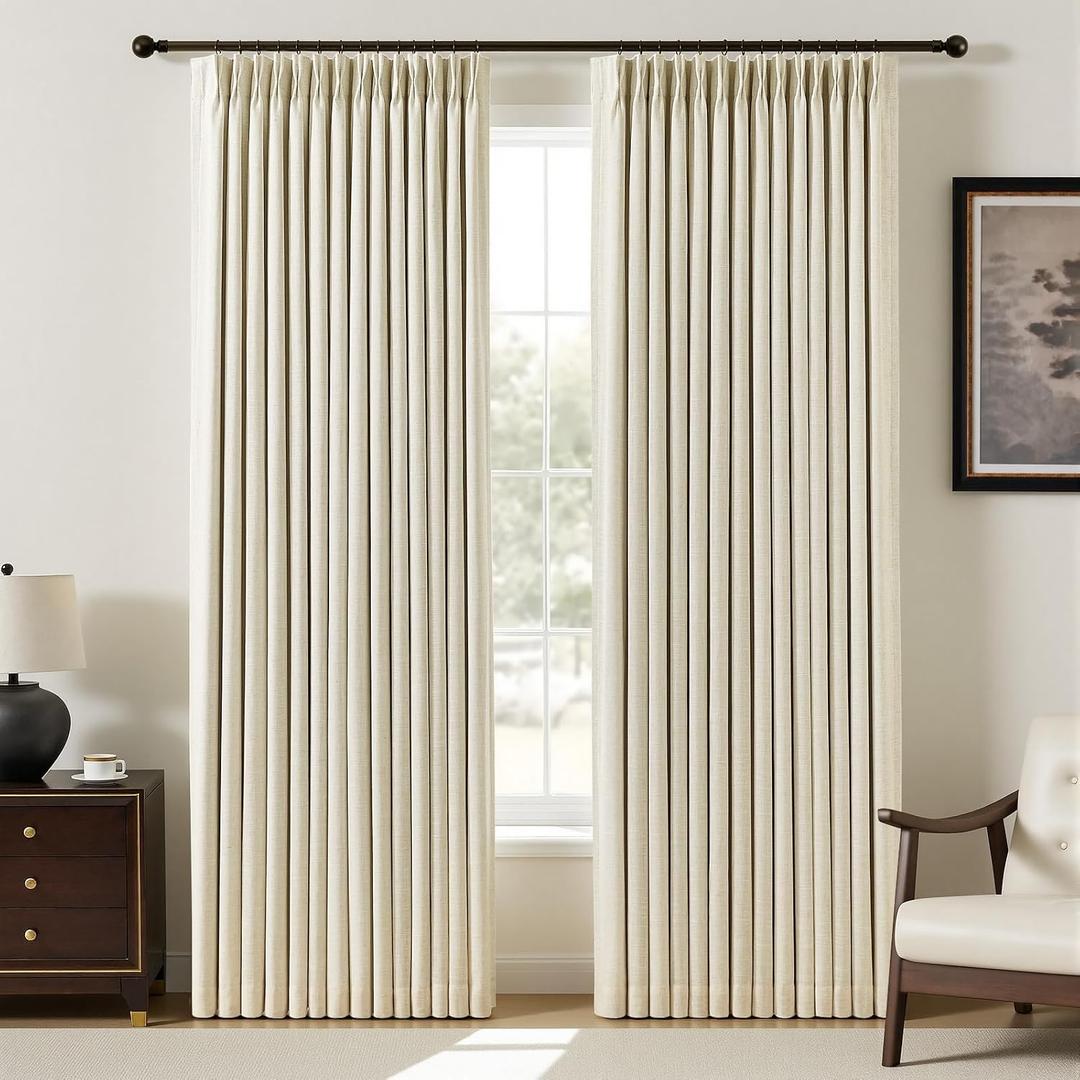 YZ HOME Pinch Pleated Linen Curtains 100% Blackout 84 Inches Long for Living Room Bedroom, Memory Thermal Insulated Room Darkening Window Drapes with Rings Hooks, 2 Panels, Cream, 40" Wx84 L